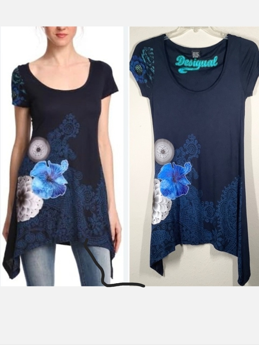 DESIGUAL Artsy Y2K Tunic Top S Floral Boho Sharkbite 90s Festival T-Shirt Summer